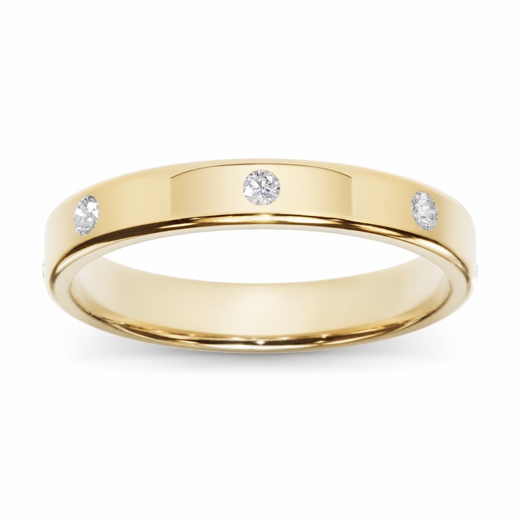 Wide cigar wedding band with spaced flush-set round diamonds
