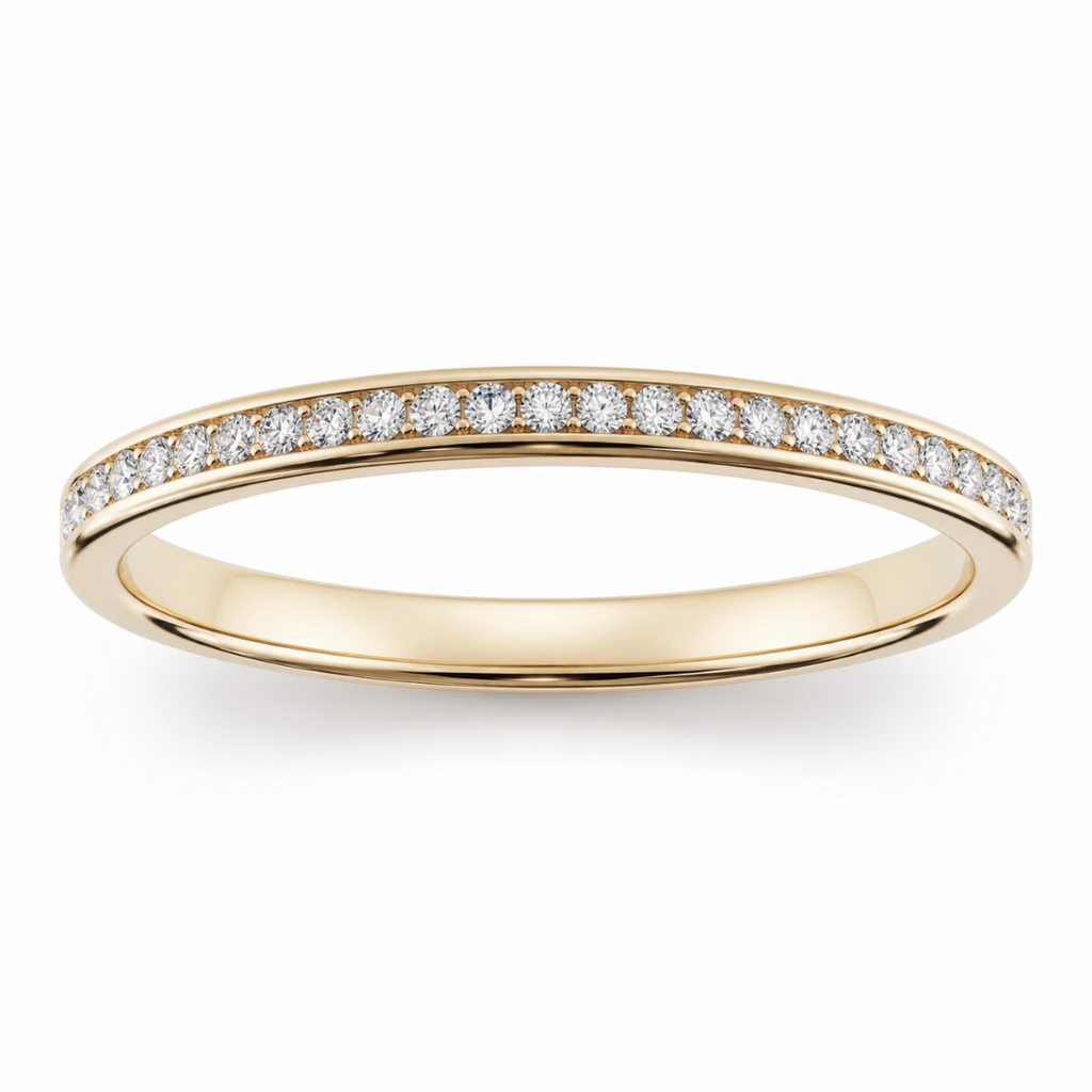Channel-set half eternity wedding band with round brilliant diamonds
