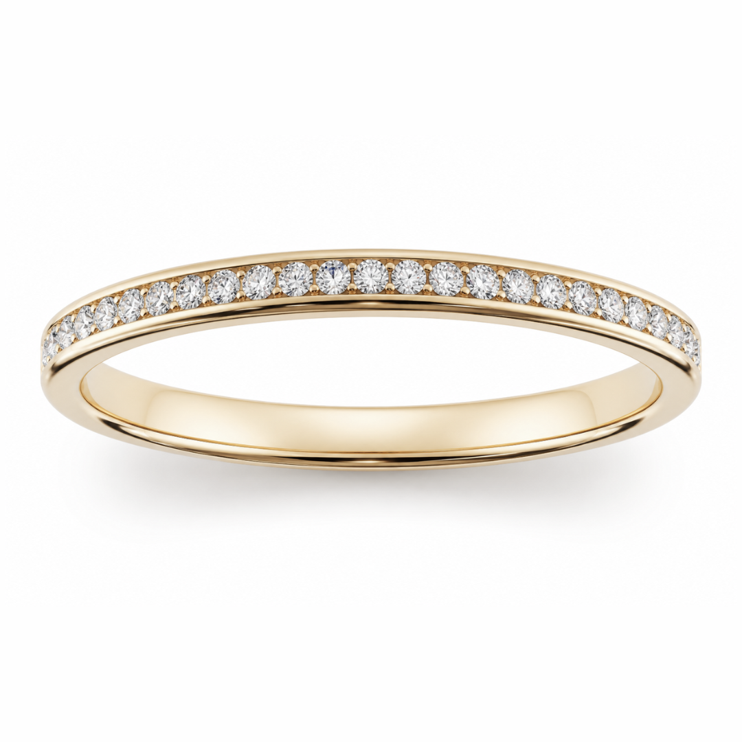 Channel-set half eternity wedding band with round brilliant diamonds