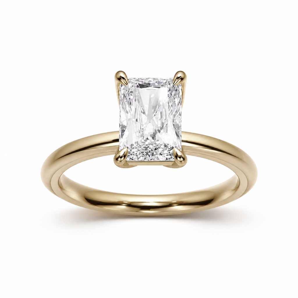 Radiant cut diamond engagement ring in a high profile tulip setting