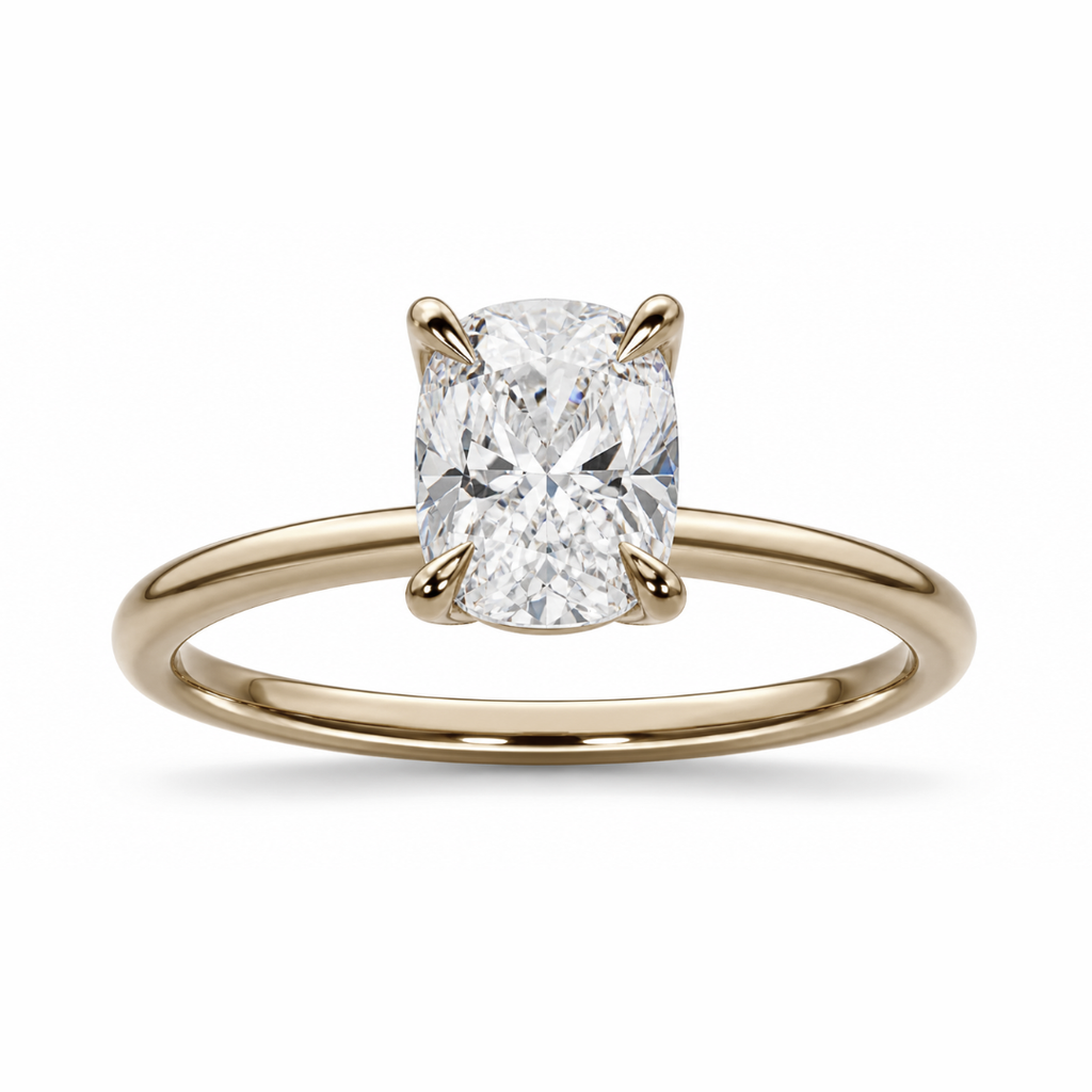 Elongated cushion diamond engagement ring in a high profile tulip setting
