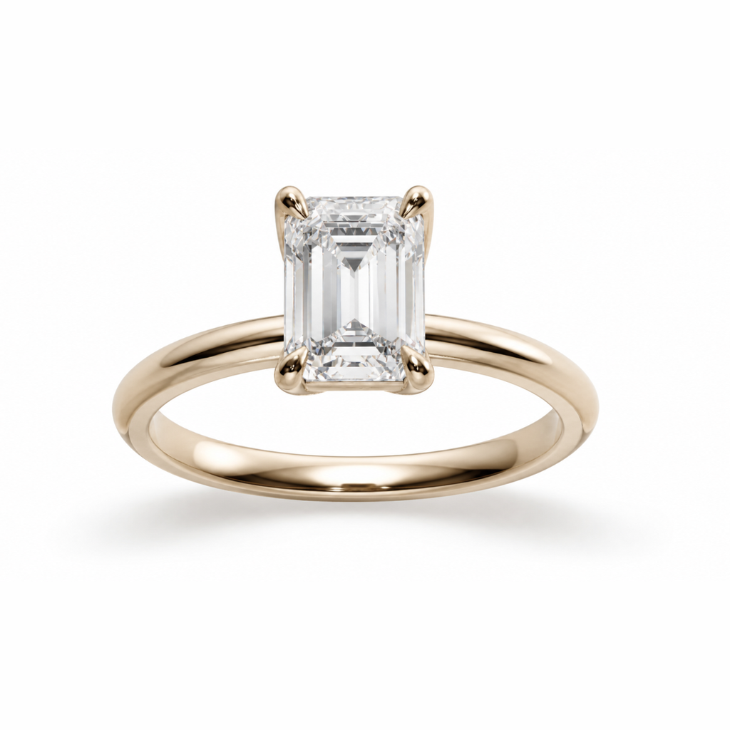 Emerald cut diamond engagement ring in a high profile tulip setting