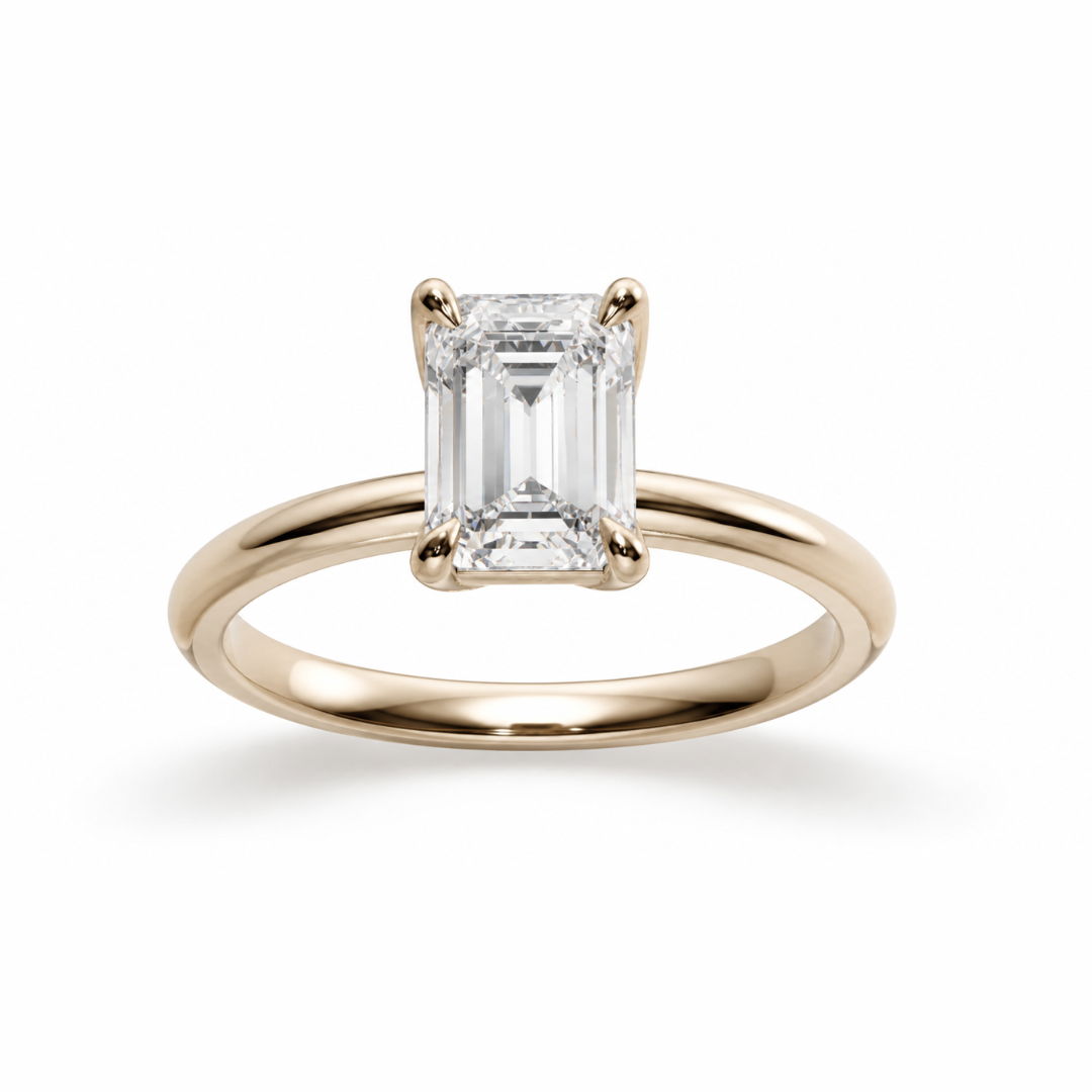 Emerald cut diamond engagement ring in a high profile tulip setting