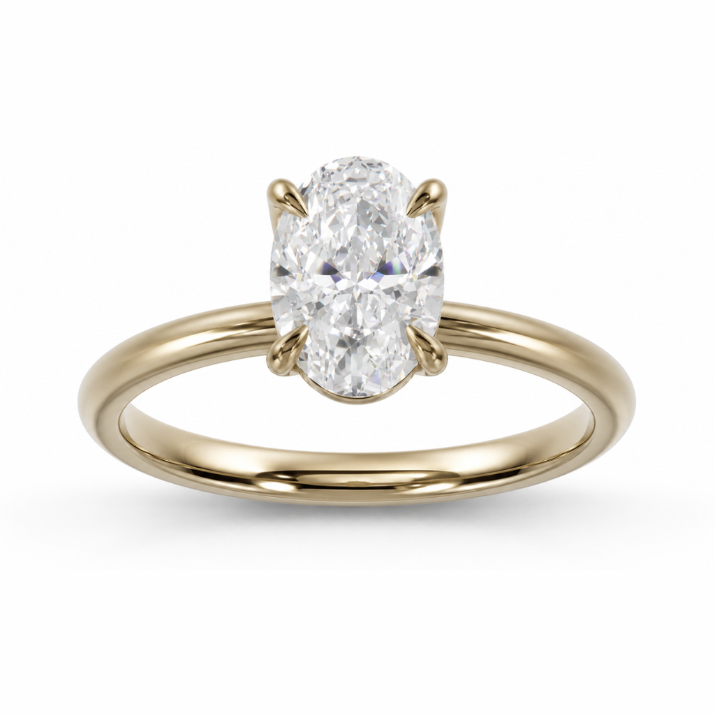Oval diamond engagement ring in a high profile tulip setting