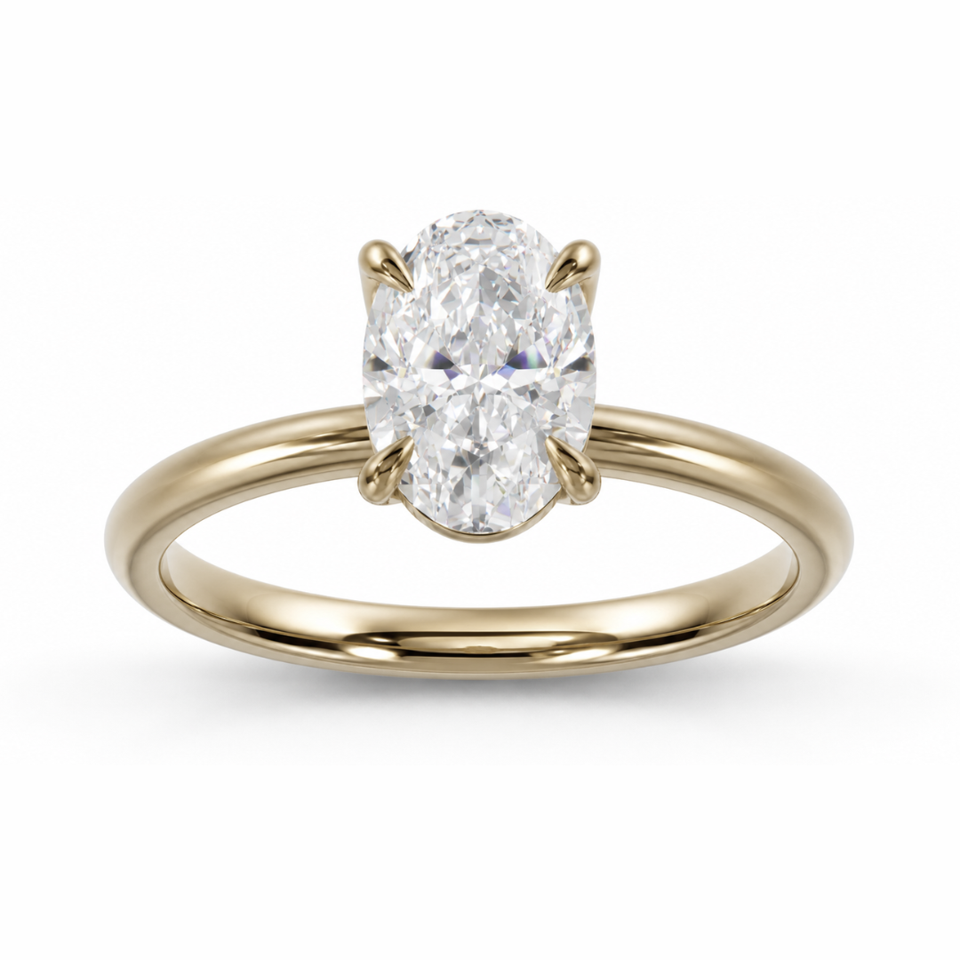 Oval diamond engagement ring in a high profile tulip setting