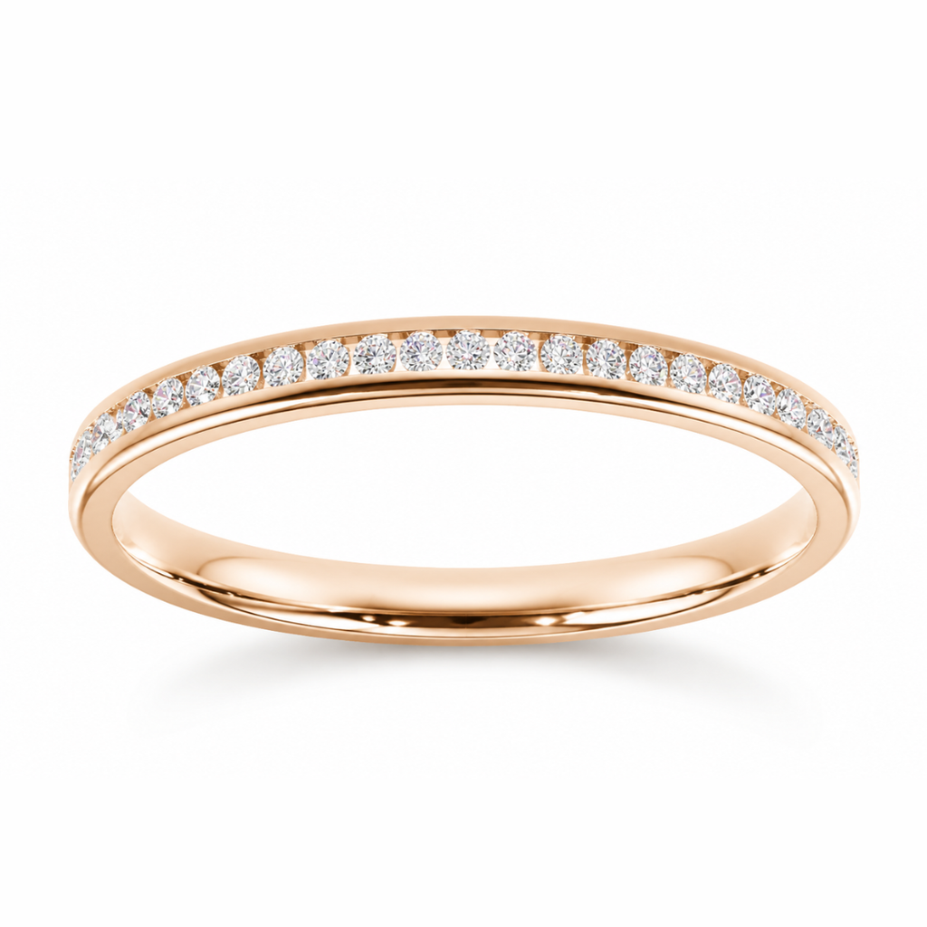 Channel-set half eternity wedding band with round brilliant diamonds