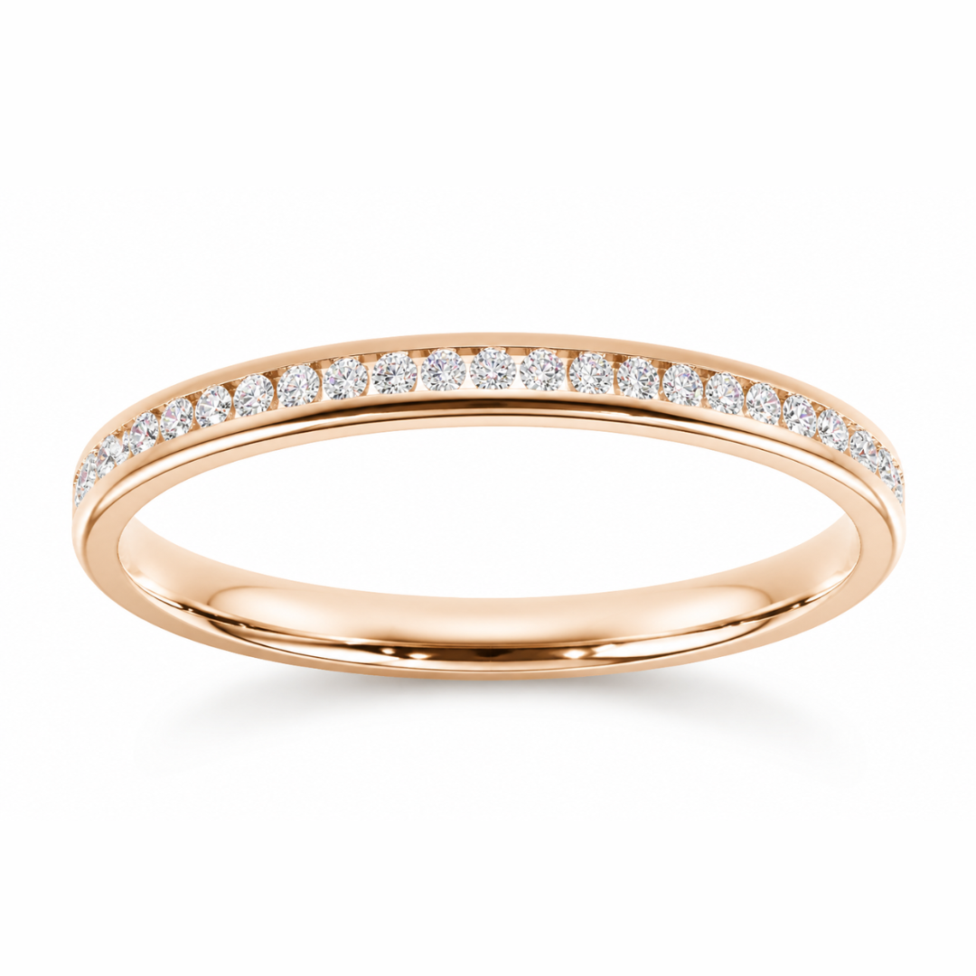 Channel-set half eternity wedding band with round brilliant diamonds