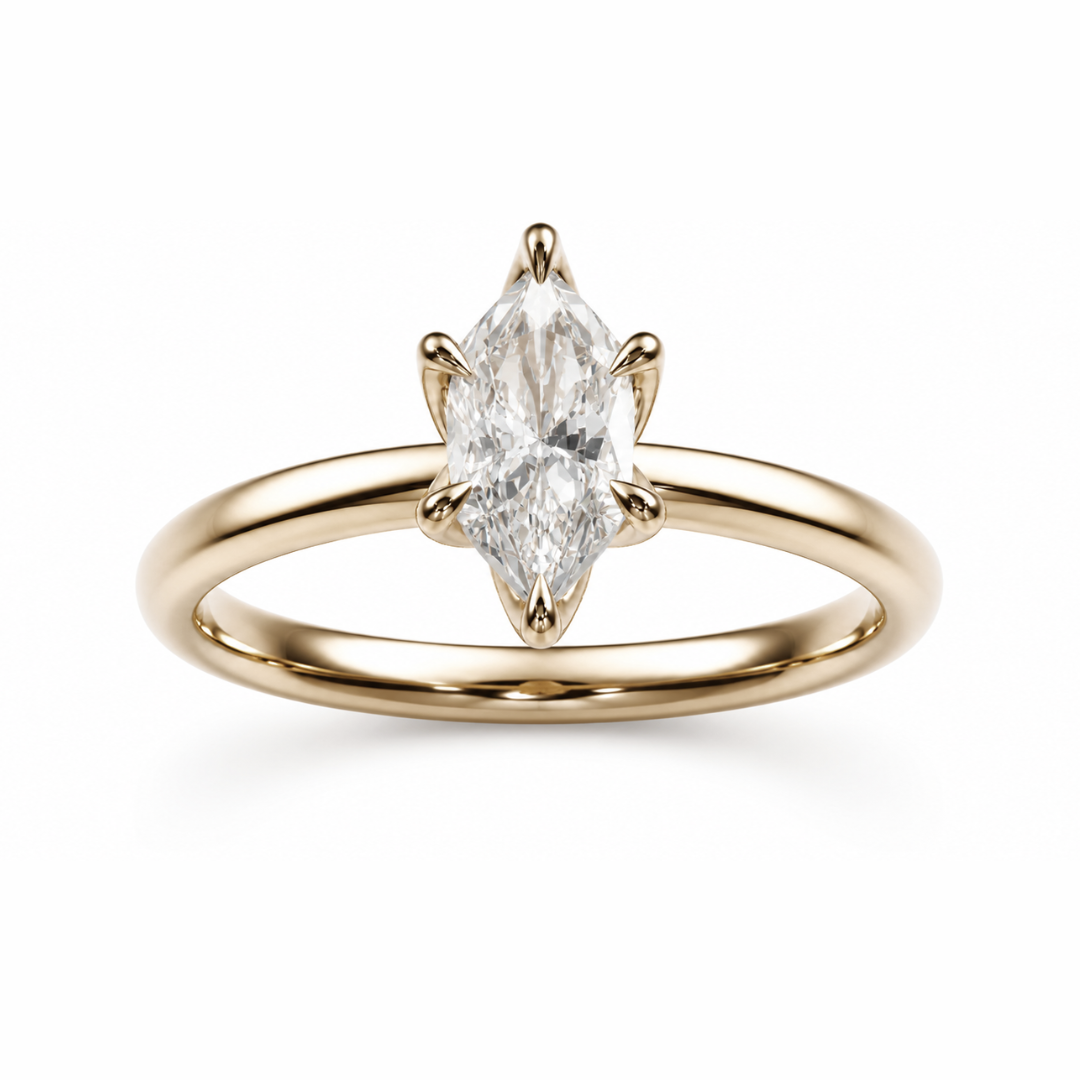 Elongated hexagon diamond engagement ring in a high profile tulip setting